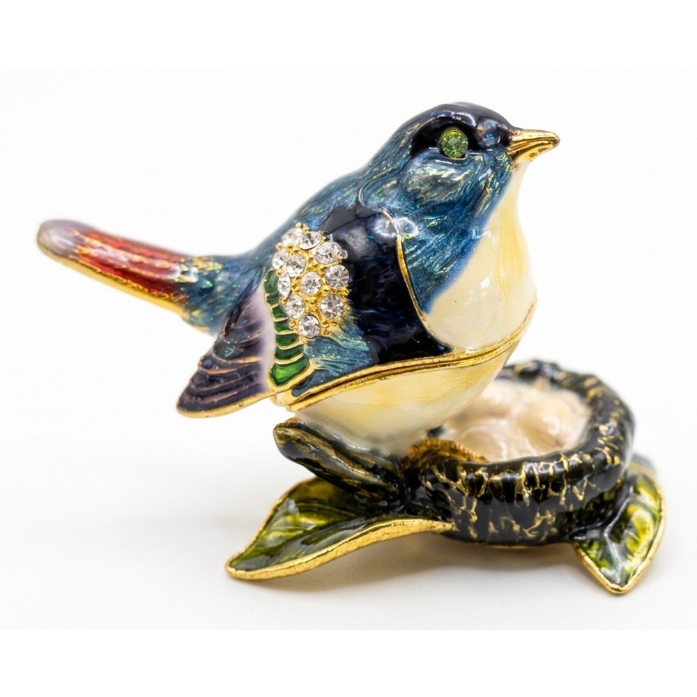 Bejeweled Bird Trinket Box, Enamel & Rhinestone Trinket Box, Blue Bird